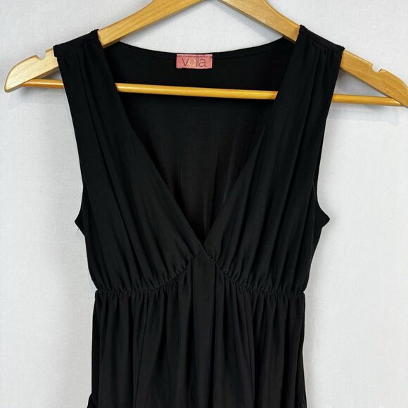 Voilà Black Gathered Dress Polyester Spandex Pockets USA Made XS/S LBD - Picture 2 of 11